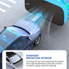 A foldable 5-layer car windshield sun shade is shown demonstrating automatic heat reflection and cooling effect on a vehicle.