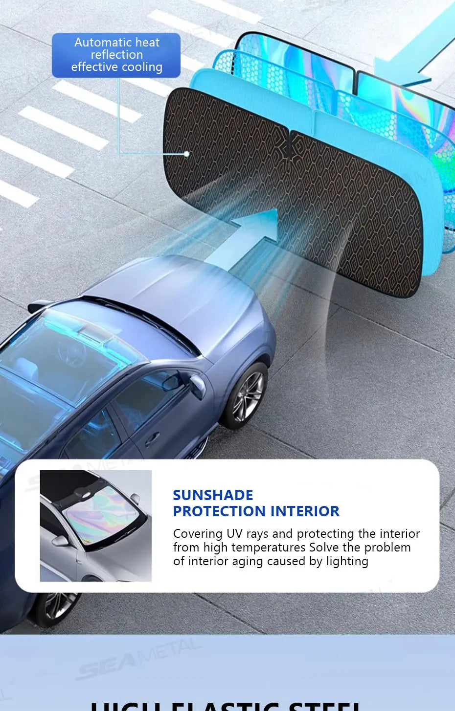 A foldable 5-layer car windshield sun shade is shown demonstrating automatic heat reflection and cooling effect on a vehicle.