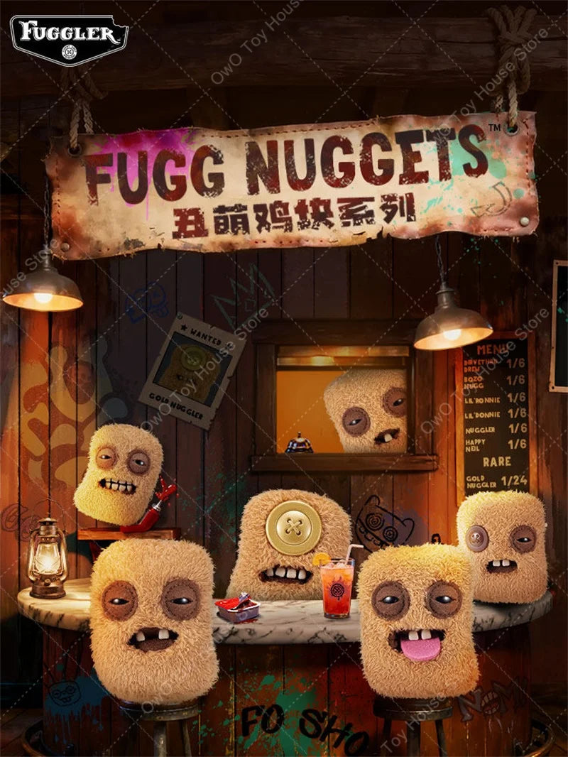 A display of Fugg Nuggets plush toys, featuring several monster-like characters hanging in a rustic wooden setting.