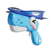 A blue foam airplane launcher toy set with a dinosaur theme and a purple wing attached.