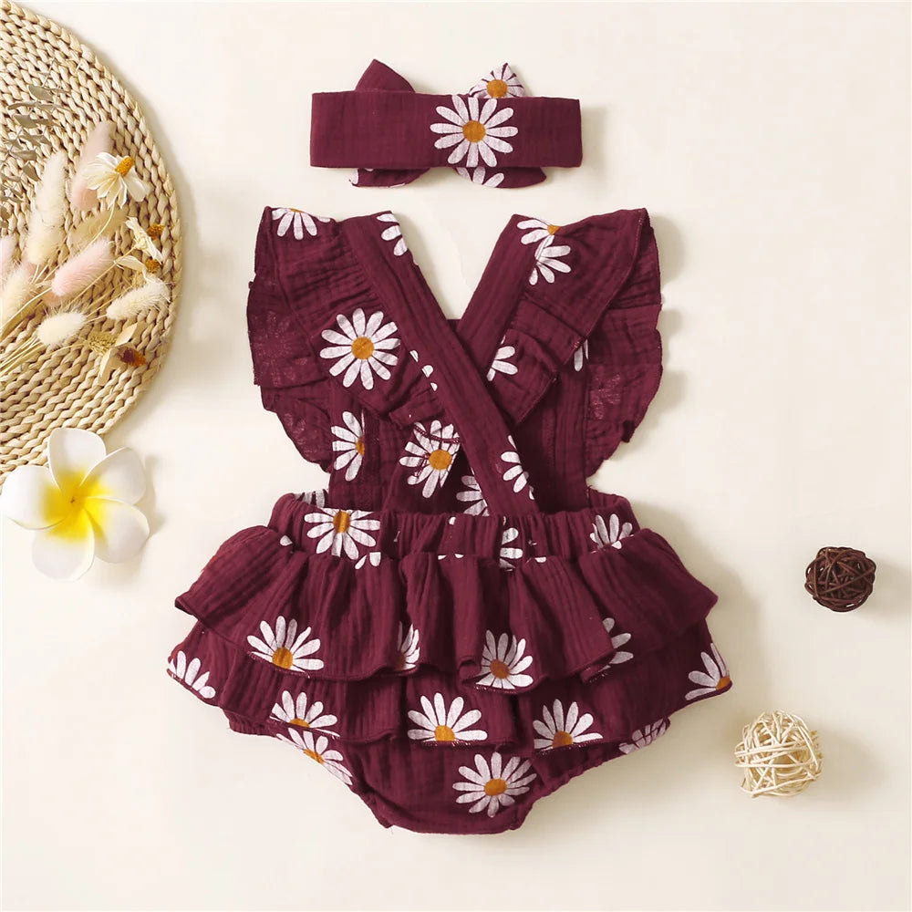 Baby Girl Sleeveless Floral Romper with Headband