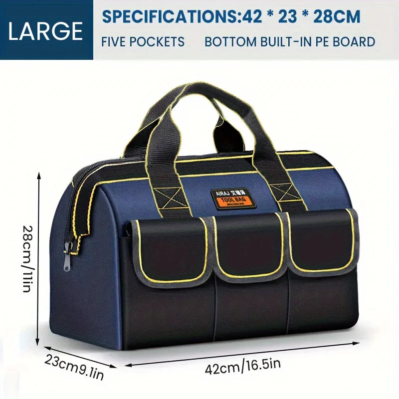 A navy blue tool bag with five pockets and a bottom built-in PE board shown in a side view.