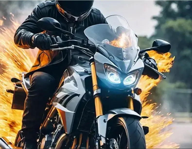 A person riding a motorcycle with a dynamic devil eye LED headlight illuminating the scene.