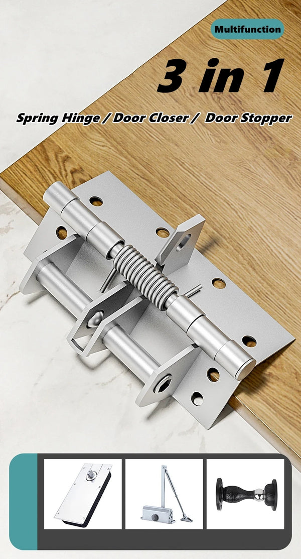 A silver spring hinge used as a door closer or door stopper, shown with related components.