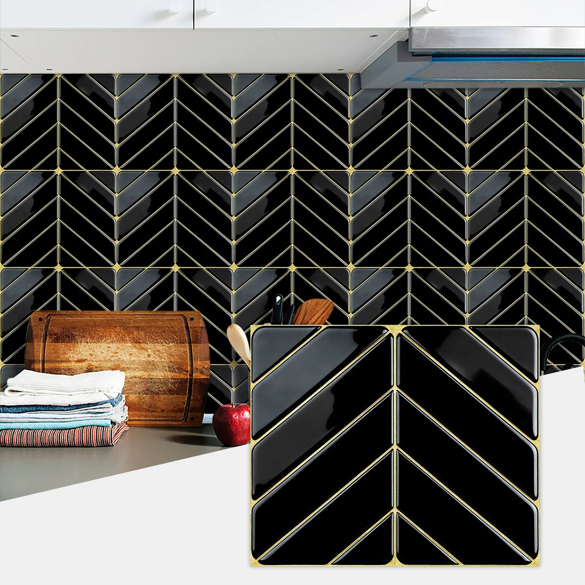 Black and gold herringbone marble peel-and-stick wall tiles installed on a kitchen backsplash.