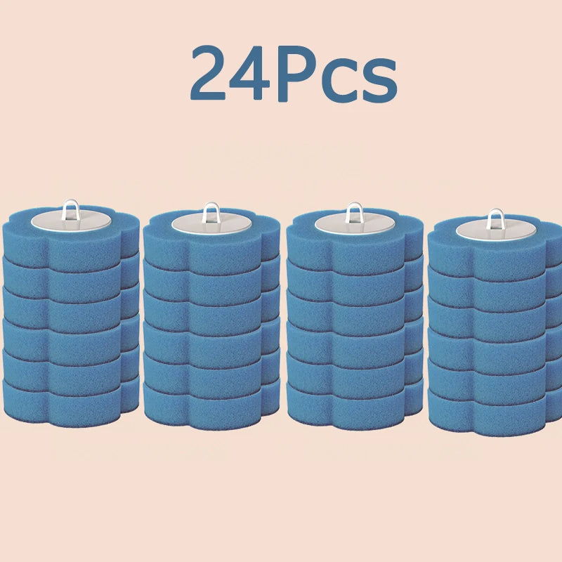 A set of 24 blue disposable toilet brushes and holders.