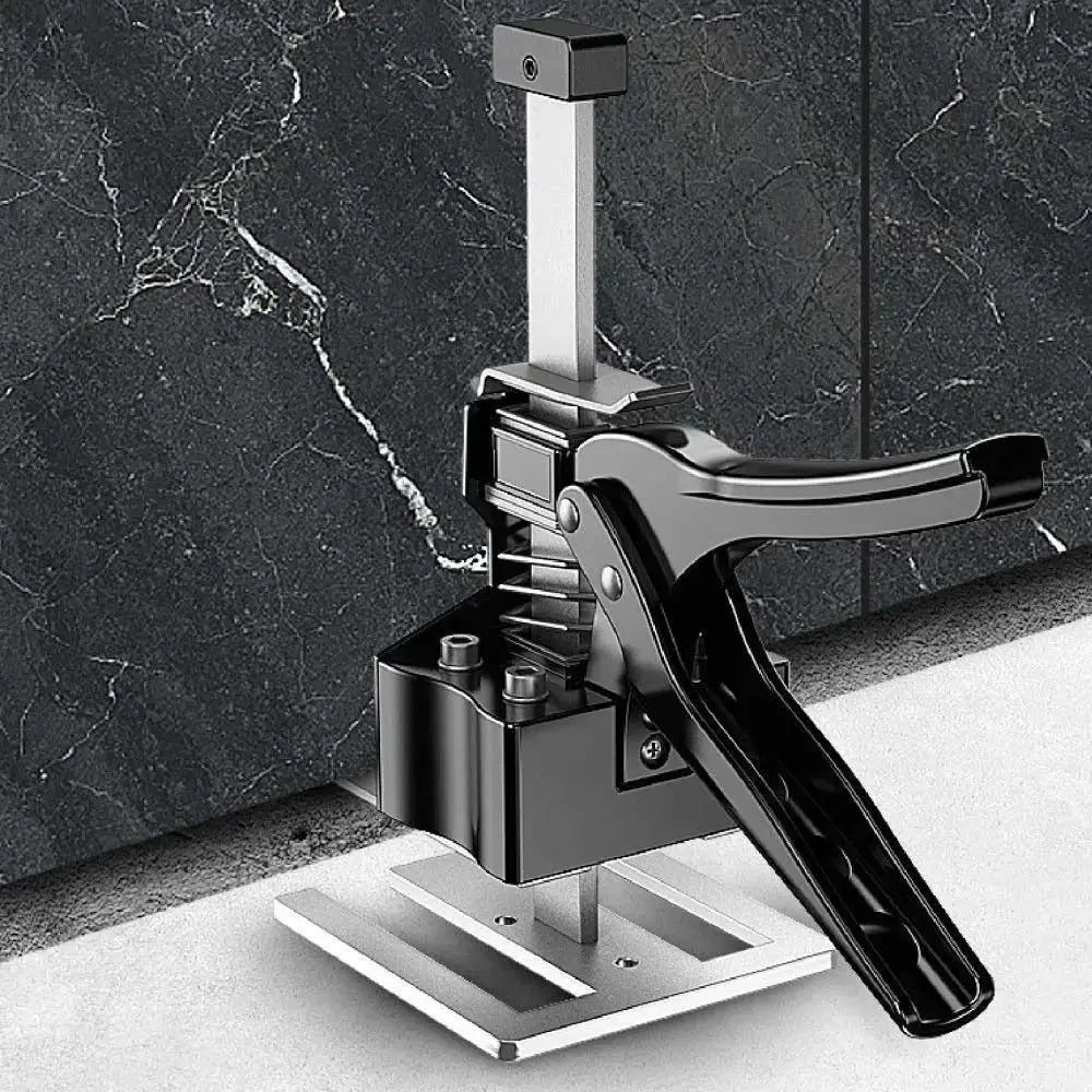 A black adjustable tile leveling lifter mounted on a silver base against a dark marble background.