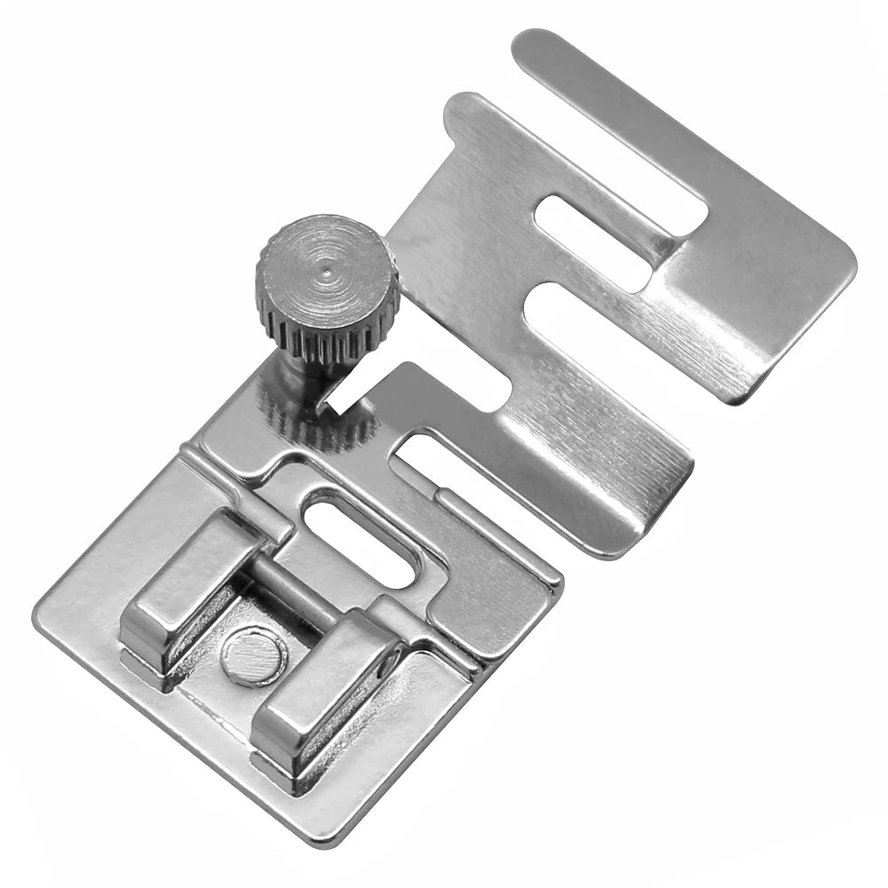 Silver elastic cord and fabric presser foot for a snap-on sewing machine.
