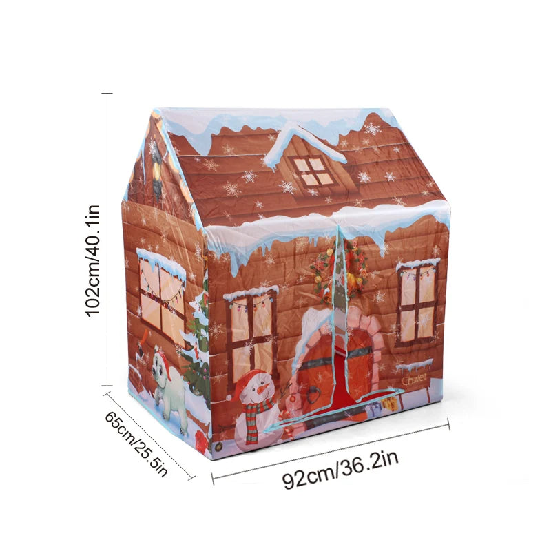 A foldable play castle tent depicting a rustic house scene with snow and festive decorations.