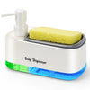 A white soap dispenser with a sponge holder and blue accents is shown on a white base.