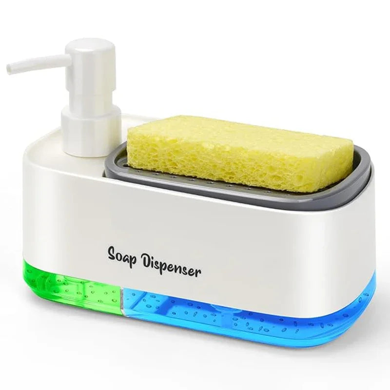 A white soap dispenser with a sponge holder and blue accents is shown on a white base.