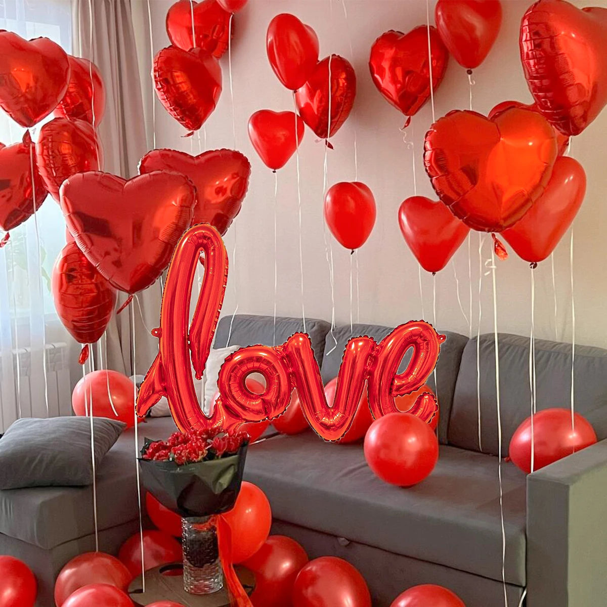Red Love Letter Balloon Set with Rose Petals for Valentine's Day & Anniversary