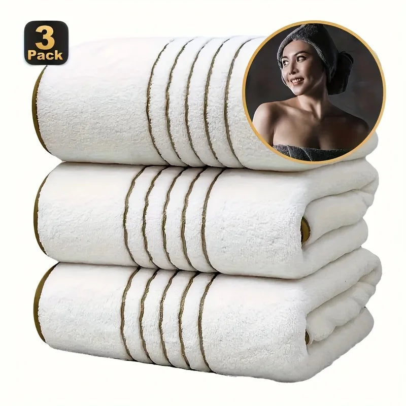 Gold-Stripe Bath Towel Set (3-Pack) – Ultra-Soft & Highly Absorbent