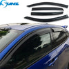Matte black acrylic window deflectors installed on a blue Honda Civic hatchback.