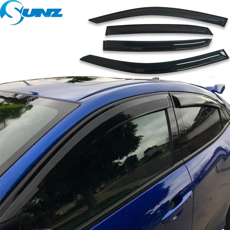 Matte black acrylic window deflectors installed on a blue Honda Civic hatchback.