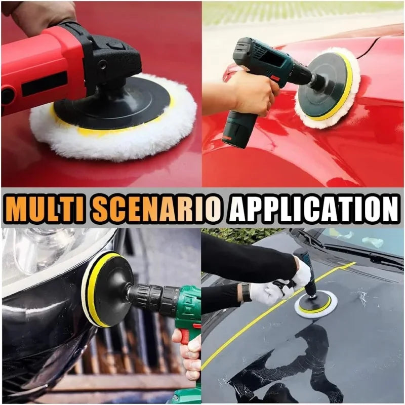 A multi-scenario application of a 5-piece wool car polishing pad set with backing pad and drill adapter on various surfaces.