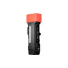Compact black flashlight with an orange top and a clear side light.
