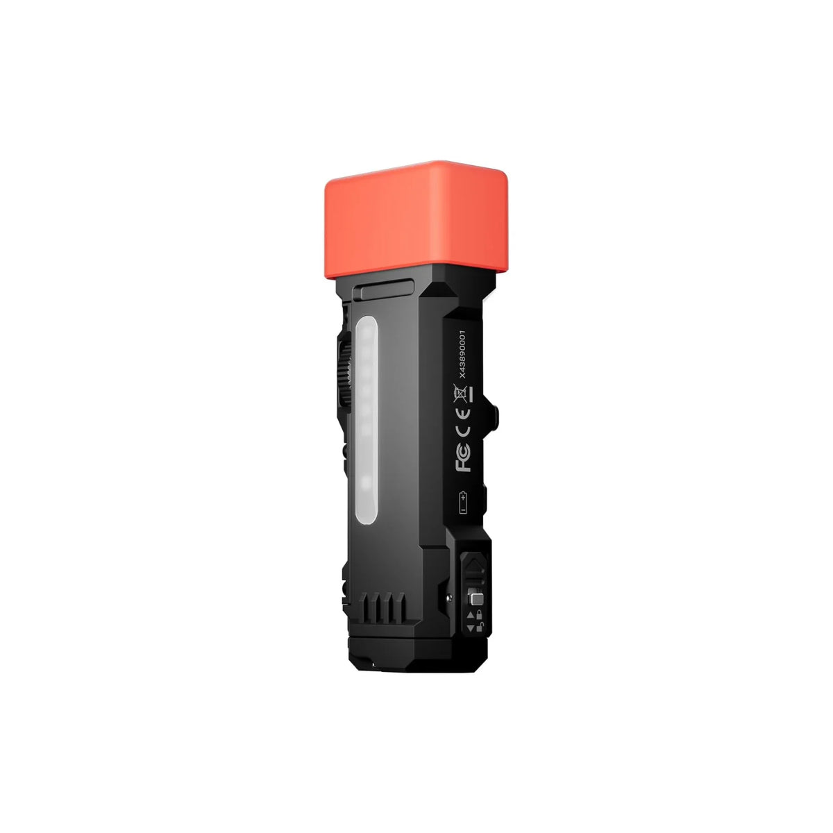 Compact black flashlight with an orange top and a clear side light.