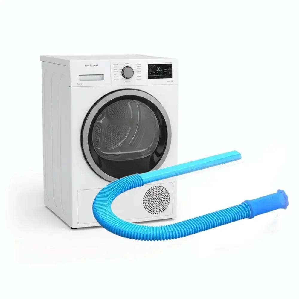 A white universal dryer vent cleaning kit with a flexible blue vacuum hose and appliance.