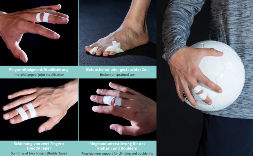Various applications of cotton athletic finger tape including stabilization, breakage repair, and ligament support for climbi