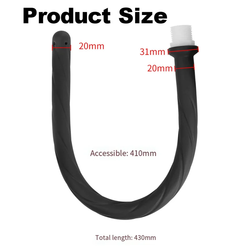 Black silicone handheld bidet sprayer with a curved design and various dimension markings.