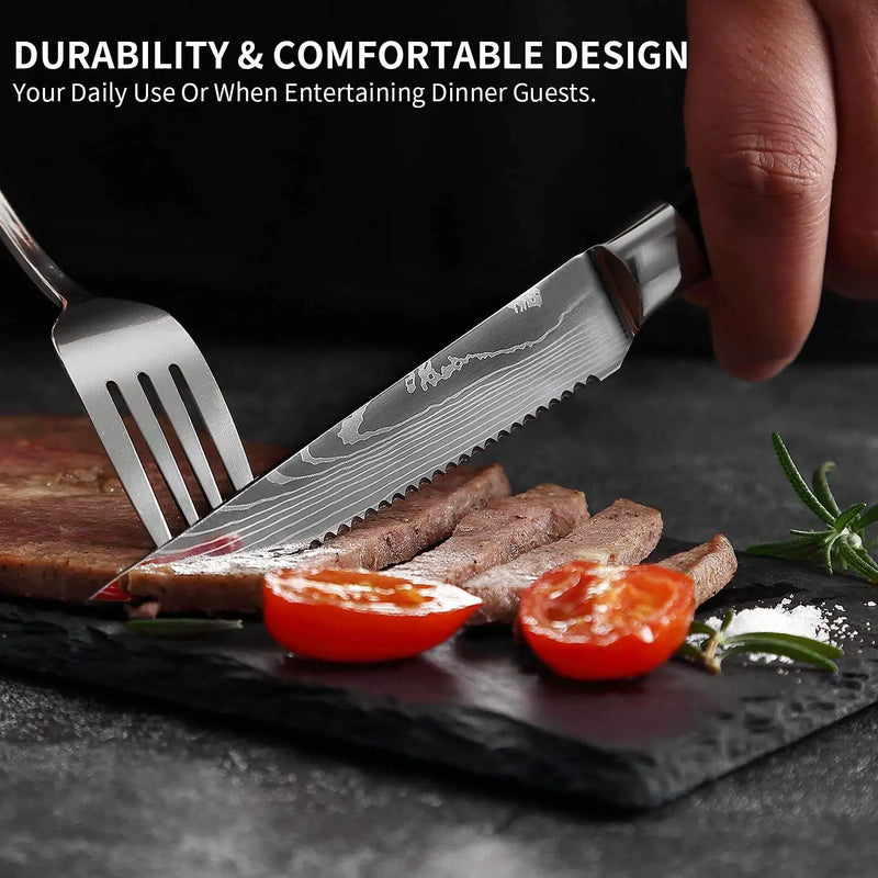 Ensemble de Couteaux à Steak Style Damas avec Manches en Bois