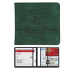A dark green slim card holder wallet displaying a line drawing of a car and the text Registration & Insurance.