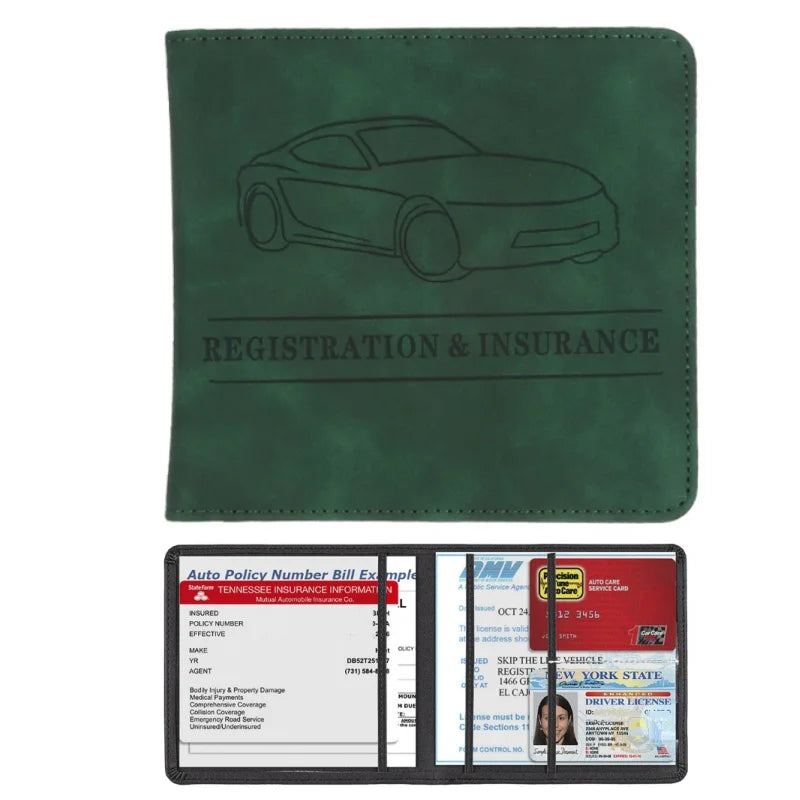 A dark green slim card holder wallet displaying a line drawing of a car and the text Registration & Insurance.