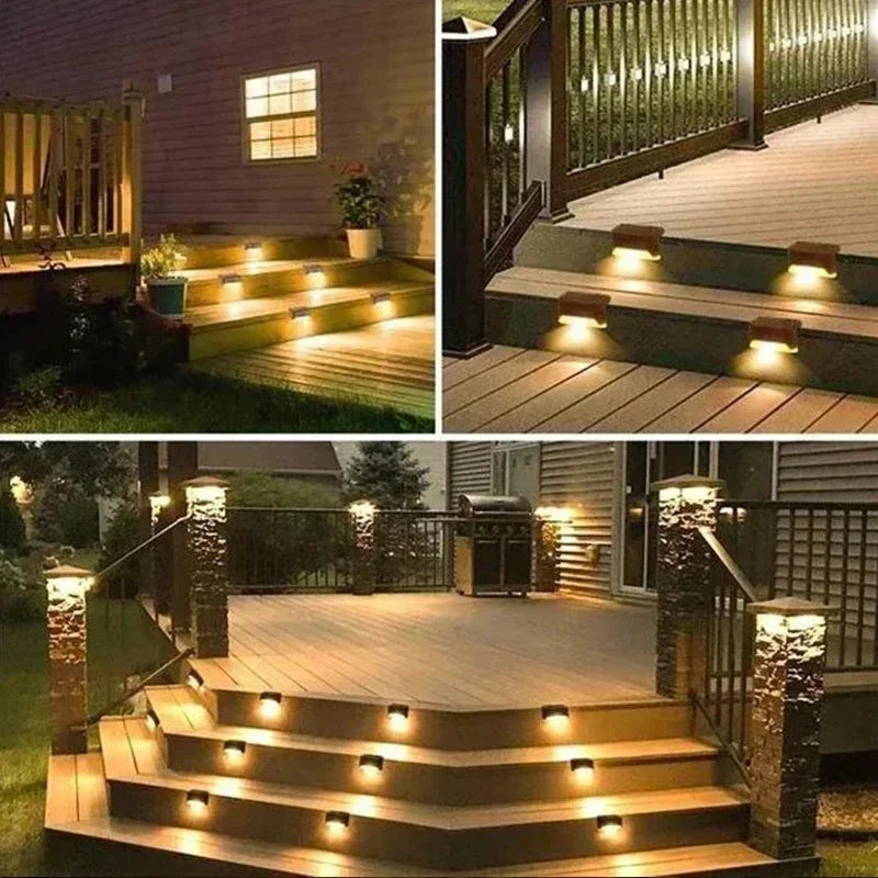 Outdoor steps and pathways illuminated by solar powered LED lights