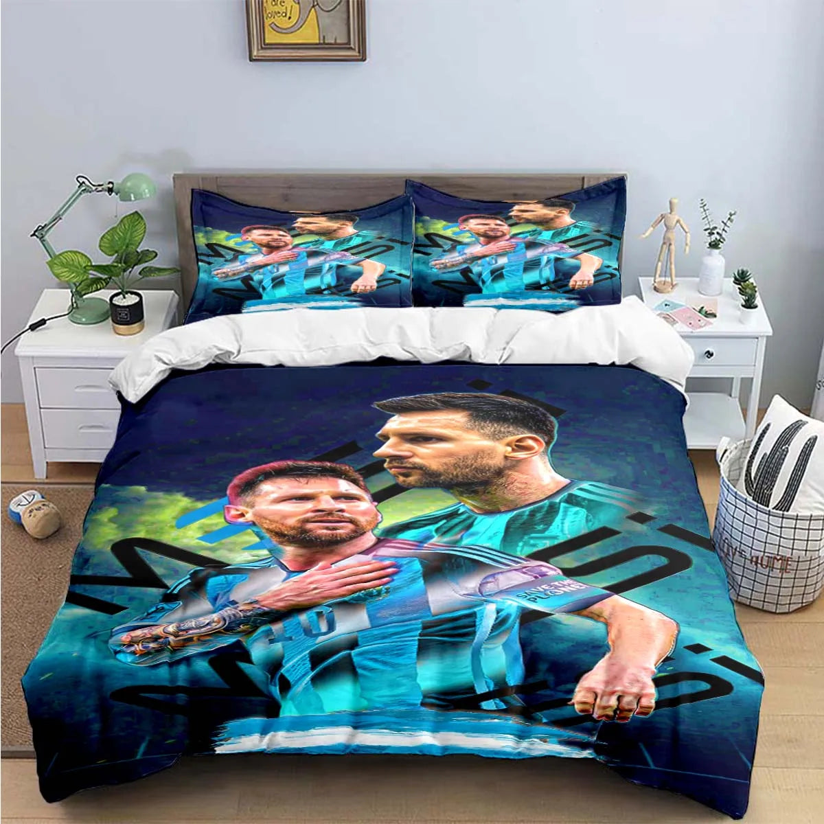 A dark blue duvet cover featuring a soccer player in a blue jersey and green background.