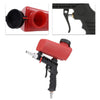 A red handheld pneumatic sandblasting gun with a black hopper and trigger mechanism.
