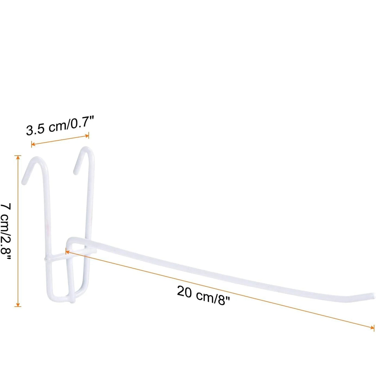 White heavy duty grid hooks for display and organization shown with dimensions.