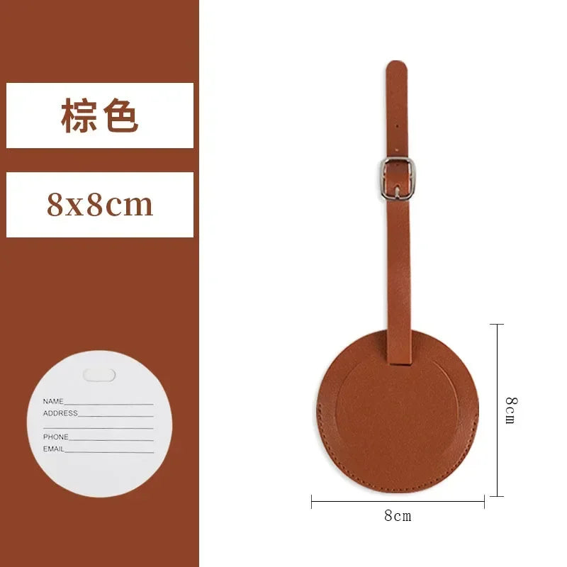 A brown PU leather luggage tag with a strap, showing its size and design.