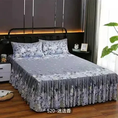 Elegant Elastic Fitted Bed Sheet Set with Lace Skirt and Pillowcases