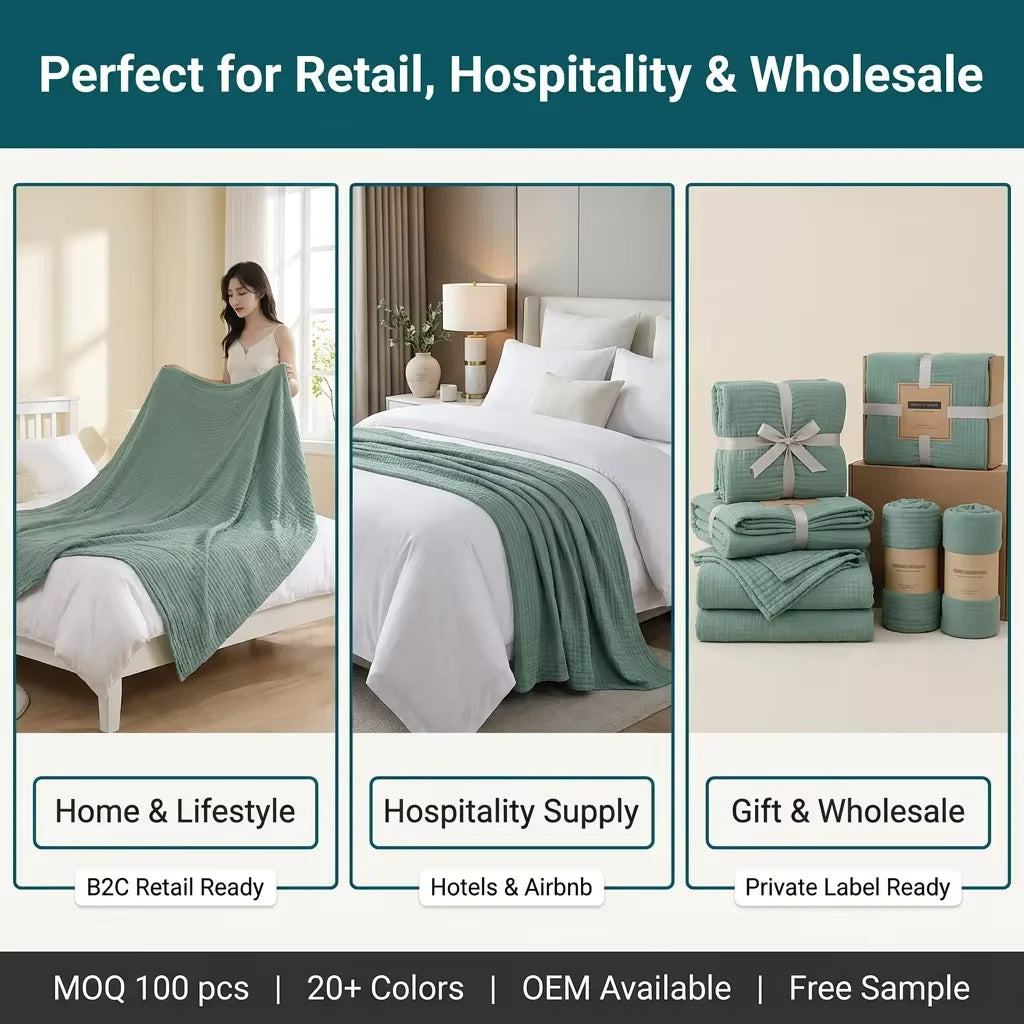 A green muslin throw blanket draped over a white bed in a hotel setting, shown alongside various folded blankets for retail a