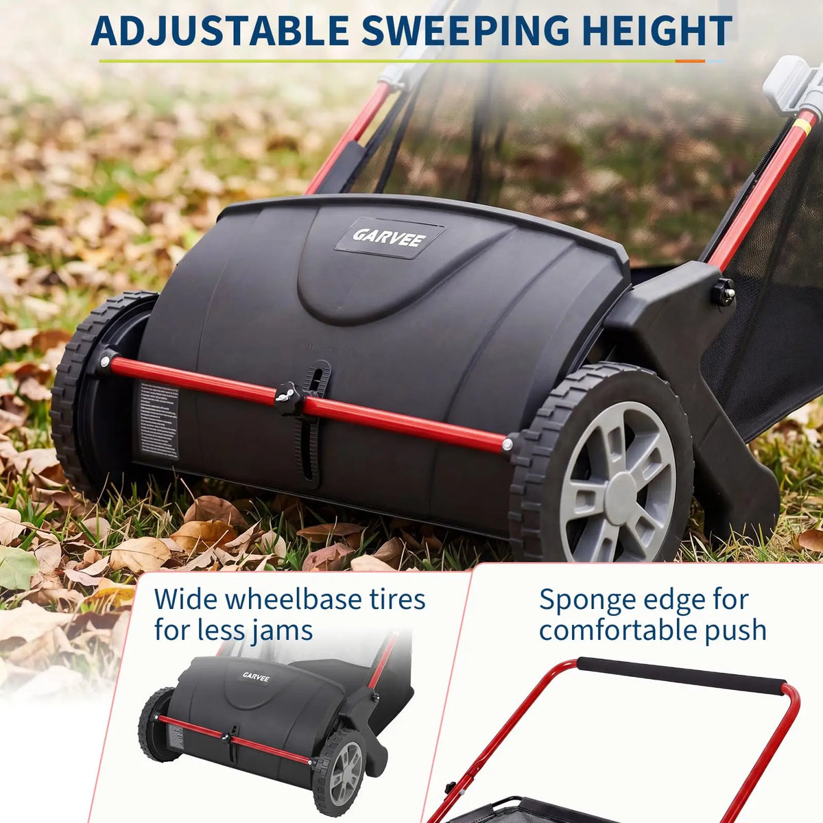 A black Garvee push lawn sweeper with adjustable height and wide wheelbase tires is shown on grass.