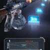 A futuristic electric rapid-fire water blaster is shown firing a stream, with distance markers indicating 3m to 12m range.