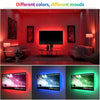 Three examples of RGB LED strip lights showing different colors and moods on a television screen.