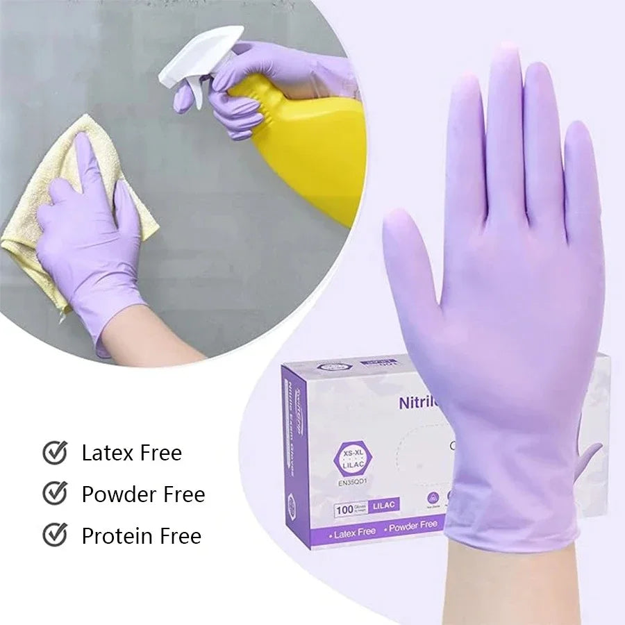 A hand wearing purple nitrile gloves is shown next to a box of disposable purple nitrile gloves.