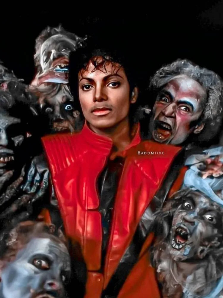 A portrait of Michael Jackson surrounded by ghostly or monstrous figures, rendered in a diamond painting style.