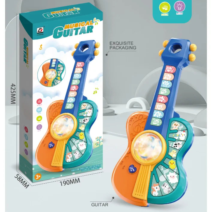 Guitare sonore d'animal éducative pour enfants, orange et bleu sarcelle, avec son emballage.
