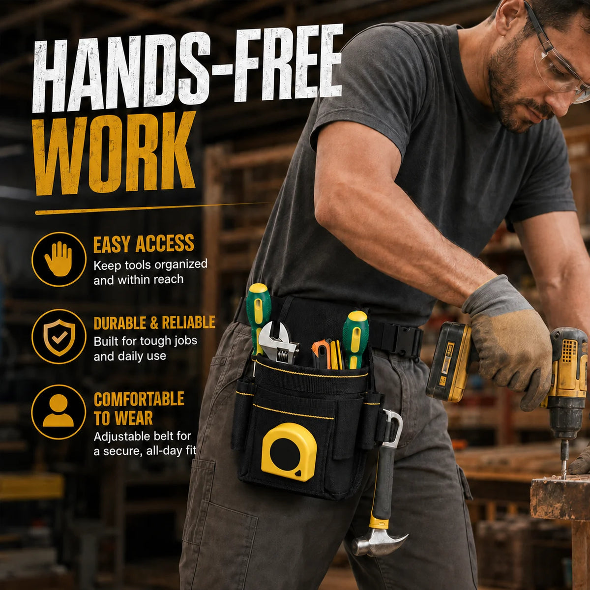 A man wearing a dark shirt and jeans is using a heavy duty multi-pocket tool pouch with an adjustable waist belt to work.