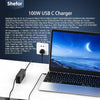 A 100W USB-C charger is shown next to a laptop, with various compatible computer models listed.