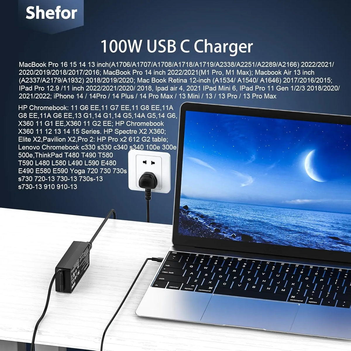 A 100W USB-C charger is shown next to a laptop, with various compatible computer models listed.