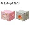 Two pink and grey foldable storage boxes for clothes and quilts