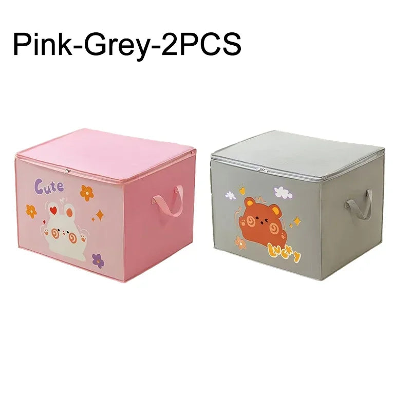Two pink and grey foldable storage boxes for clothes and quilts