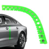 A bright green magnetic dry grinding protective strip for auto body work, curved and shown next to a car.