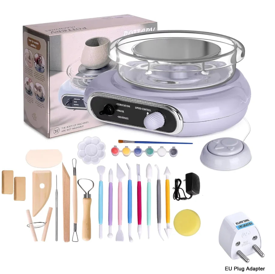 A box and set of tools for a mini pottery wheel kit including a wheel, tools, and an EU plug adapter.