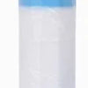 A white plastic drawstring trash bag with a light blue top section.