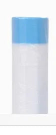 A white plastic drawstring trash bag with a light blue top section.